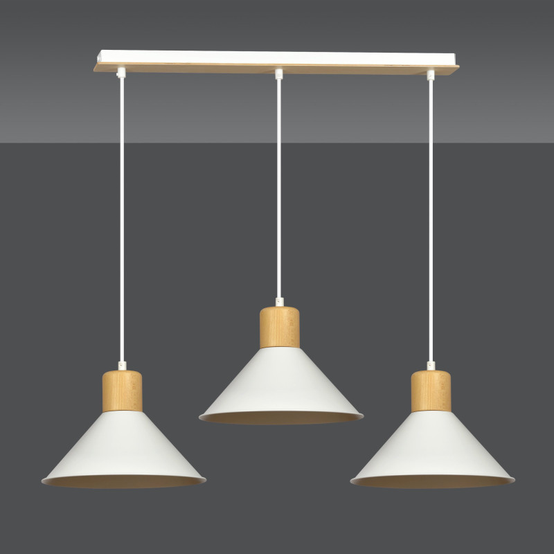 Suspension Design  Rowen Métal et Bois 3 lampes Evasés Blanches Style Scandinave 