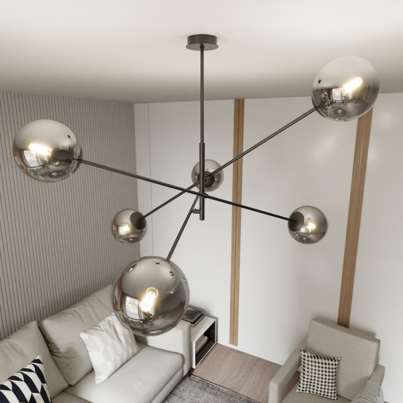 Suspension Design Linear Métal et Verre 6 lampes Boules Argentées Style Chic 