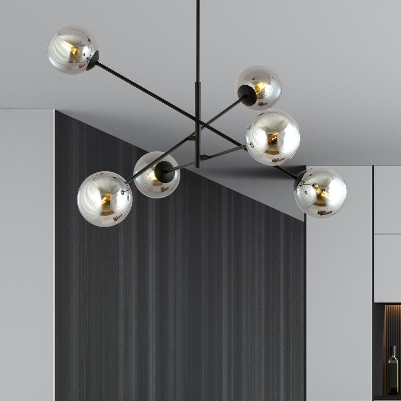 Suspension Design Linear Métal et Verre 6 lampes Boules Argentées Style Chic 