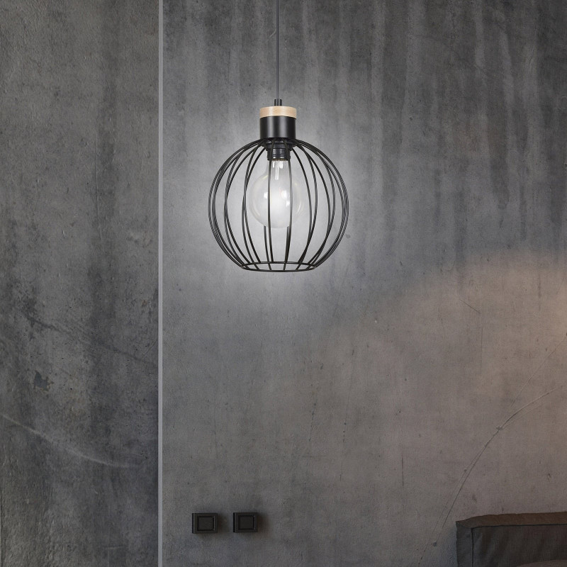 Suspension Design Barbade Métal et bois une Lampe Ronde Cage Noiree Style Moderne 