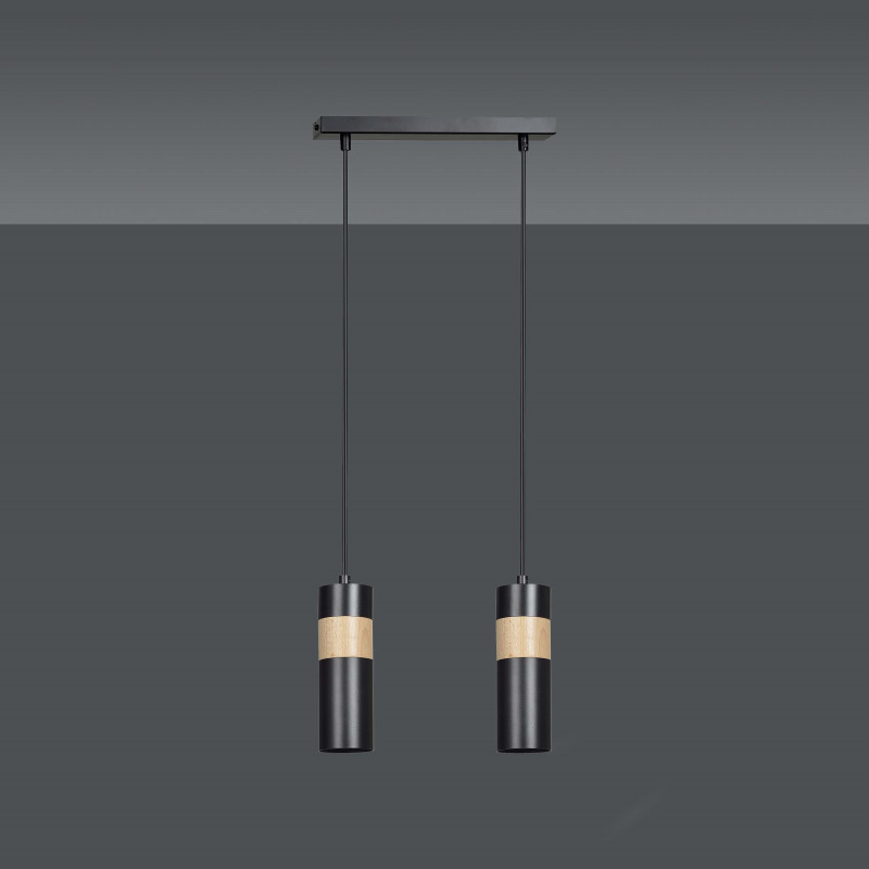 Suspension Design Akari Métal et Bois 2 lampes Tubes Noires Style Moderne 