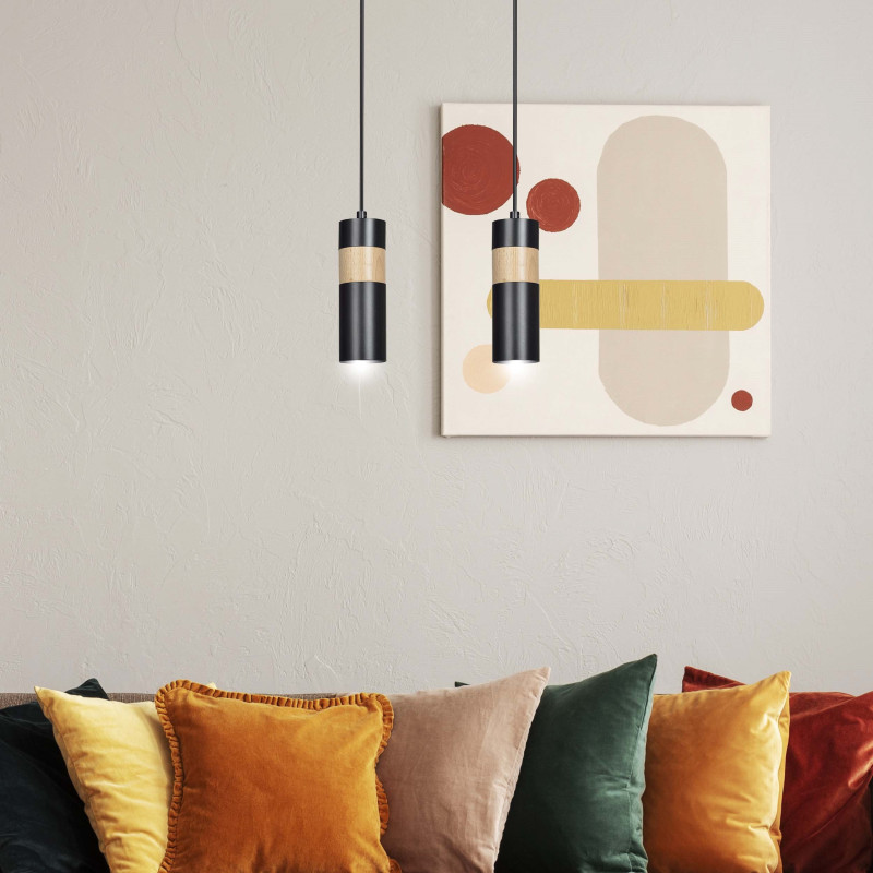 Suspension Design Akari Métal et Bois 2 lampes Tubes Noires Style Moderne 