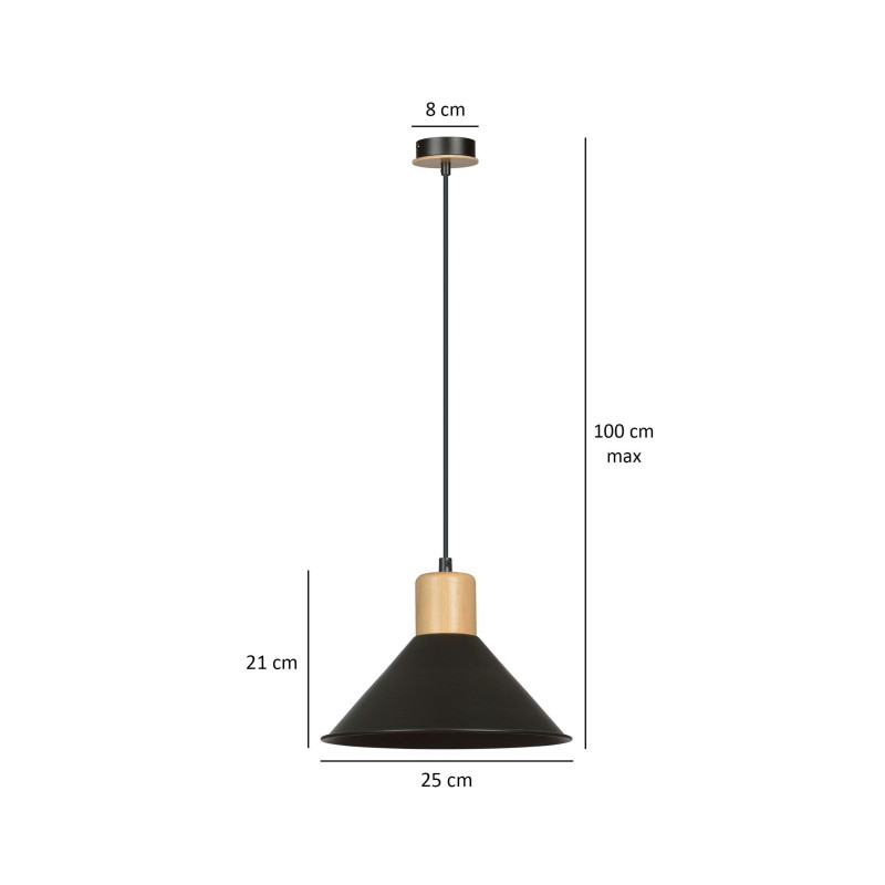 Suspension Design Rowen Métal / Bois une Lampe Evasé Noire Style Scandinave 