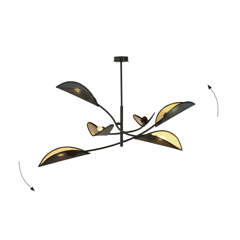 Plafonnier Design Lotus Métal 6 lampes Feuilles Noires et Dorées Style Ethnique 