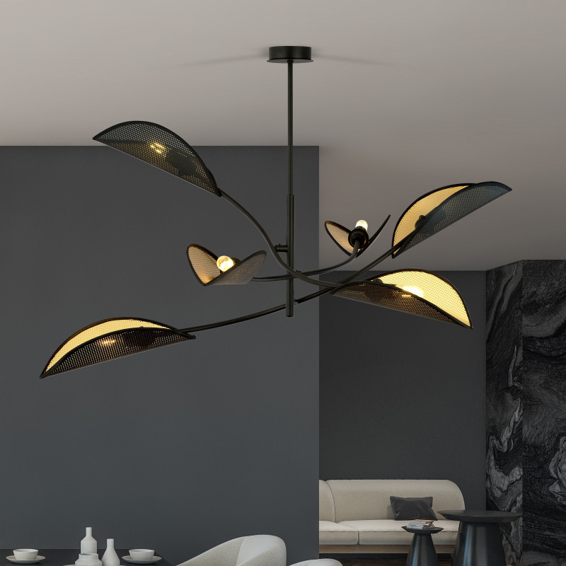 Plafonnier Design Lotus Métal 6 lampes Feuilles Noires et Dorées Style Ethnique 