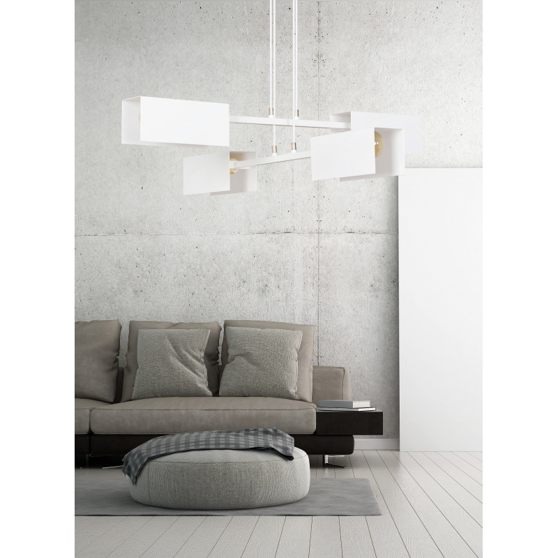 Suspension Design Tolos Métal 4 lampes Rectangles Déportées Blanches Style Minimaliste 