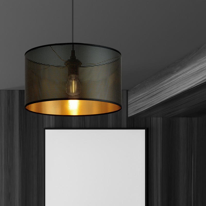 Suspension Design Aston Tissu une Lampe Ronde Noiree et dorée Style Chic 