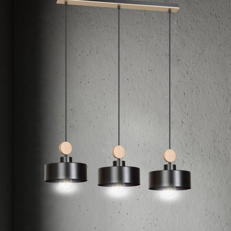 Suspension Design  Tuniso Métal et Bois 3 lampes Noires Style Scandinave 