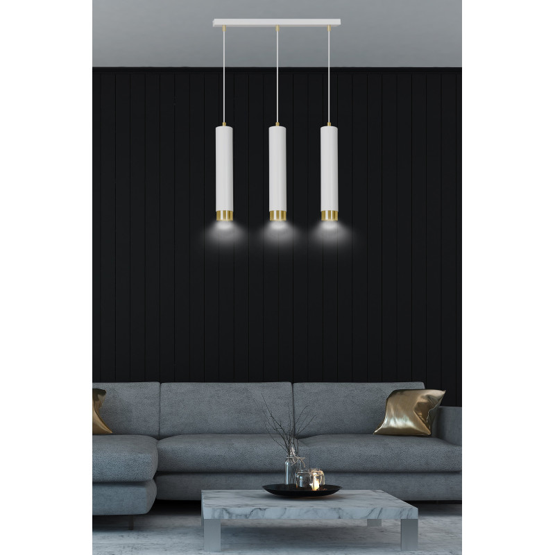 Suspension Design  Kibo Métal 3 lampes Tubes Blanches et Dorées Style Moderne 