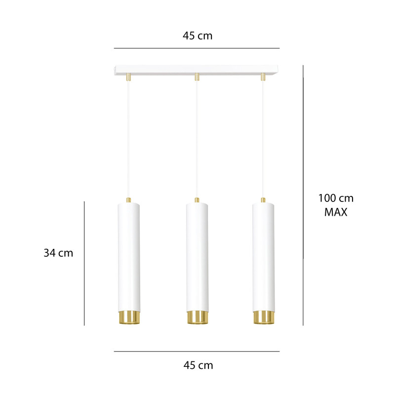 Suspension Design  Kibo Métal 3 lampes Tubes Blanches et Dorées Style Moderne 