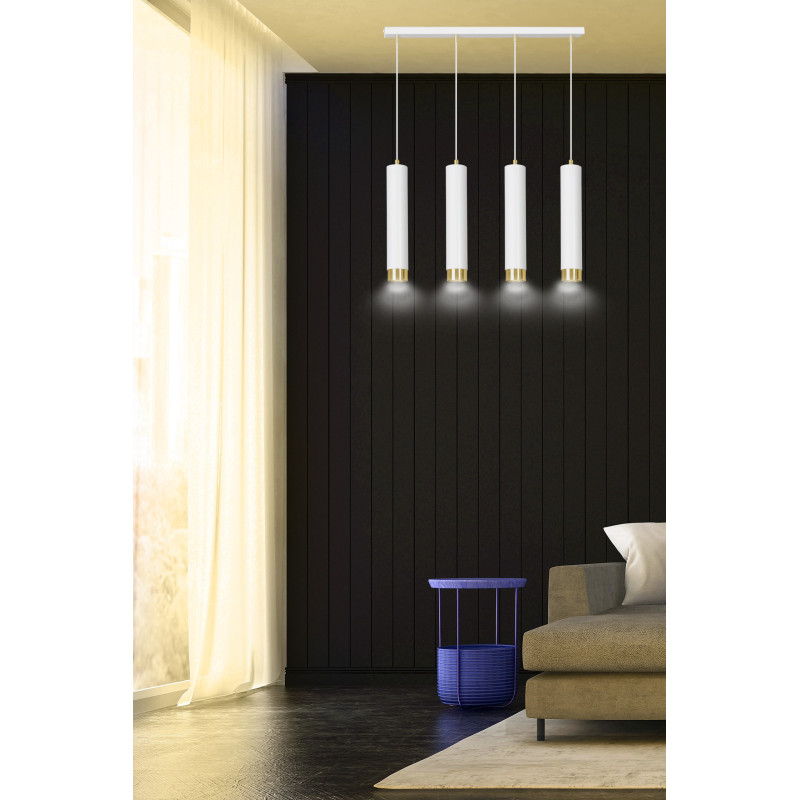 Suspension Design  Kibo Métal 4 lampes Tubes Blanches et Dorées Style Moderne 