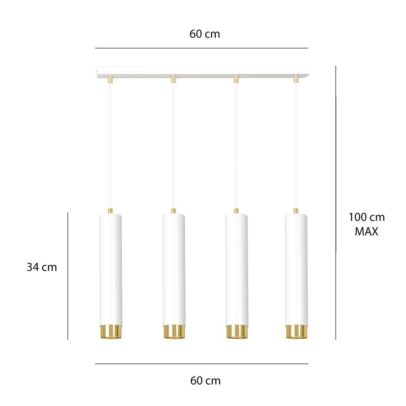 Suspension Design  Kibo Métal 4 lampes Tubes Blanches et Dorées Style Moderne 