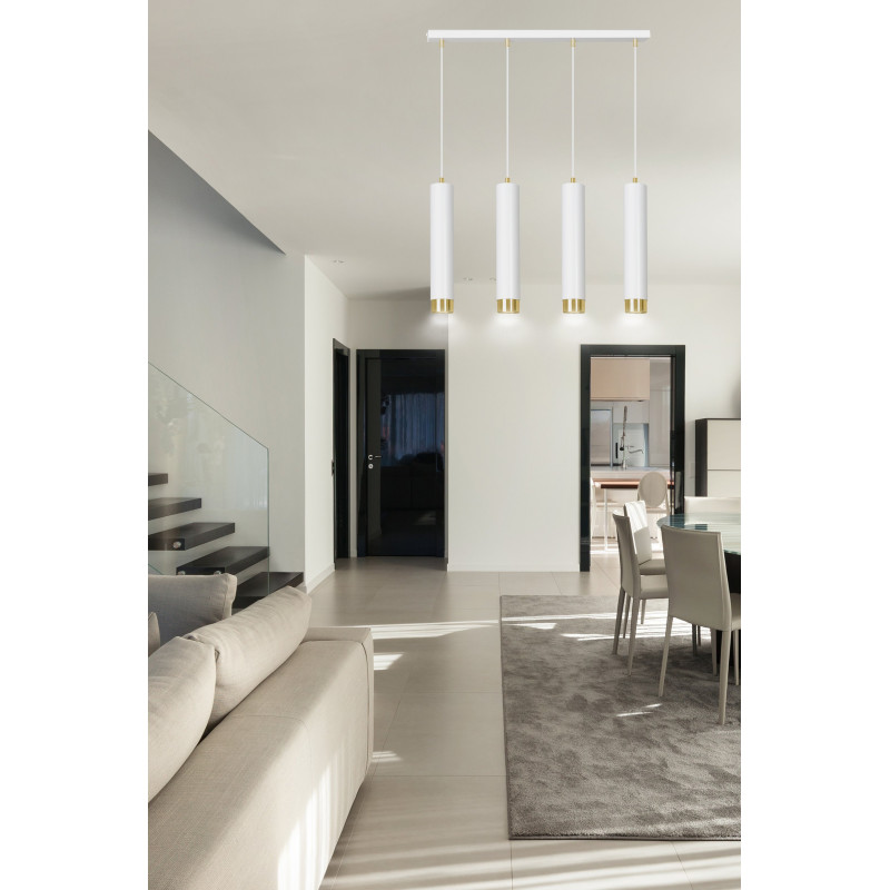 Suspension Design  Kibo Métal 4 lampes Tubes Blanches et Dorées Style Moderne 