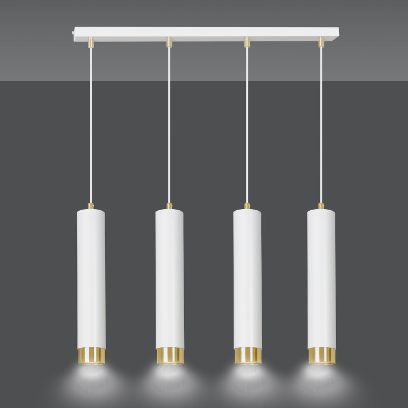 Suspension Design  Kibo Métal 4 lampes Tubes Blanches et Dorées Style Moderne 