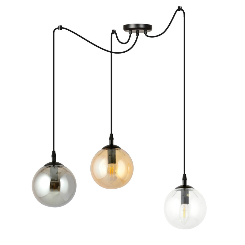 Suspension Design  Gigi Métal 3 lampes Boules Transparentes, Argentées et Ambrées Style Chic 