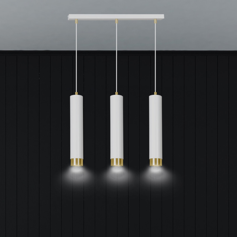 Suspension Design  Kibo Métal 3 lampes Tubes Blanches et Dorées Style Moderne 