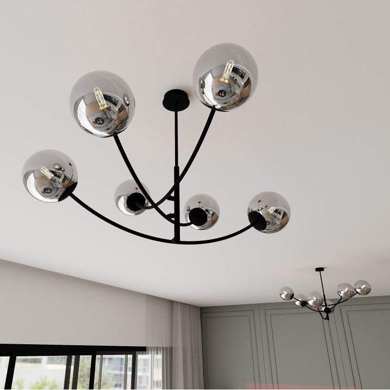 Plafonnier Design Hunter Métal 6 lampes Boules Argentées Style Chic 