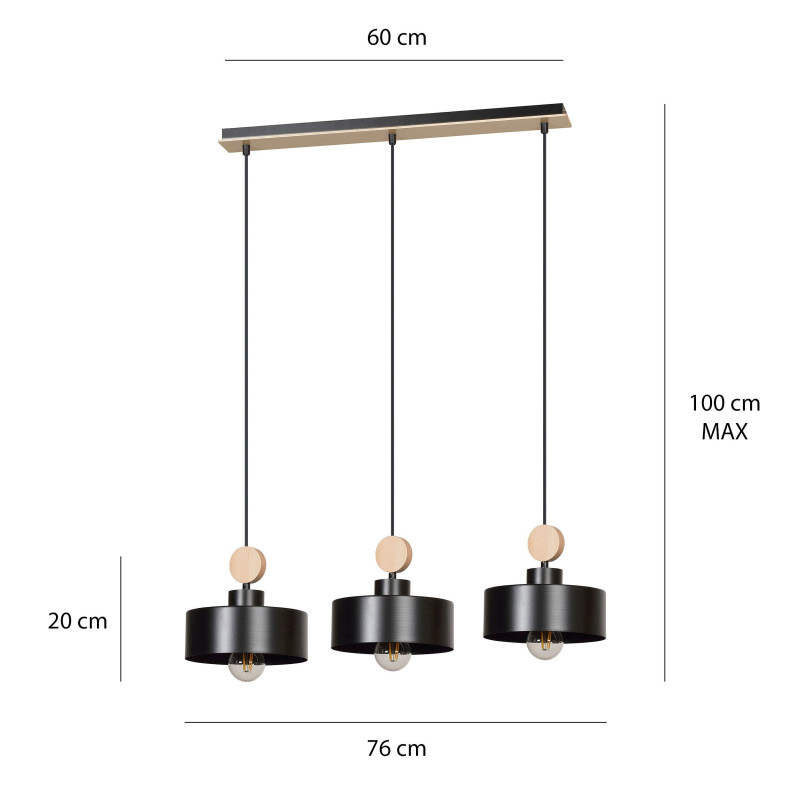 Suspension Design  Tuniso Métal et Bois 3 lampes Noires Style Scandinave 