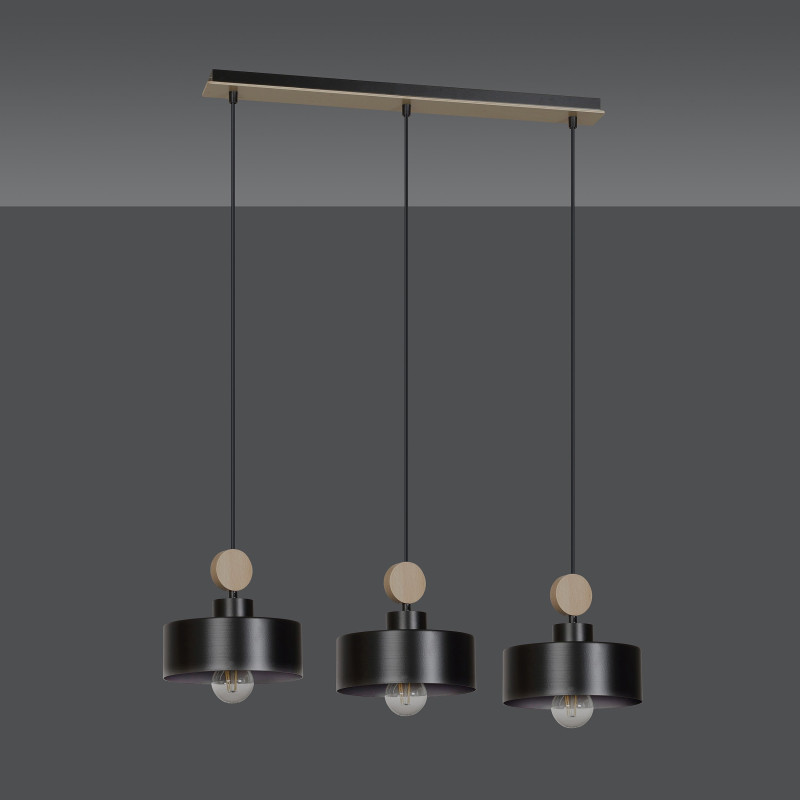 Suspension Design  Tuniso Métal et Bois 3 lampes Noires Style Scandinave 