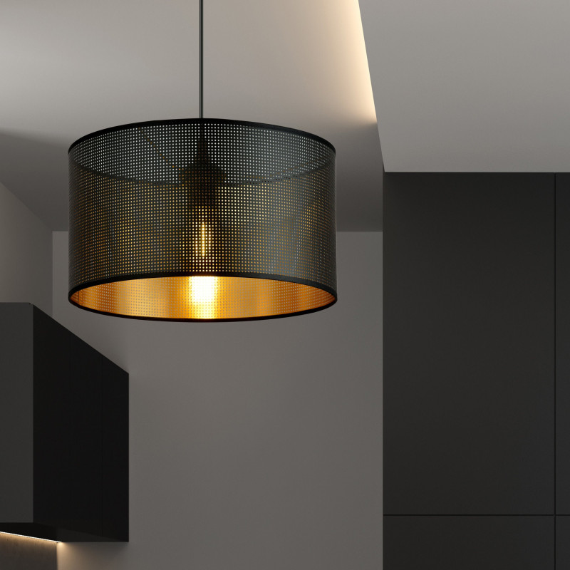 Suspension Design Aston Tissu une Lampe Ronde Noiree et dorée Style Chic 