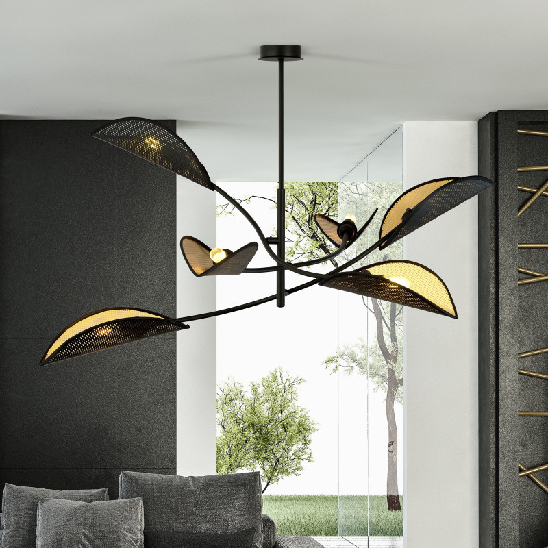 Plafonnier Design Lotus Métal 6 lampes Feuilles Noires et Dorées Style Ethnique 