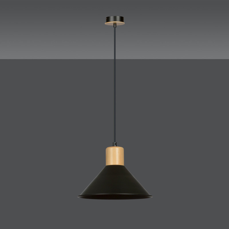 Suspension Design Rowen Métal / Bois une Lampe Evasé Noire Style Scandinave 