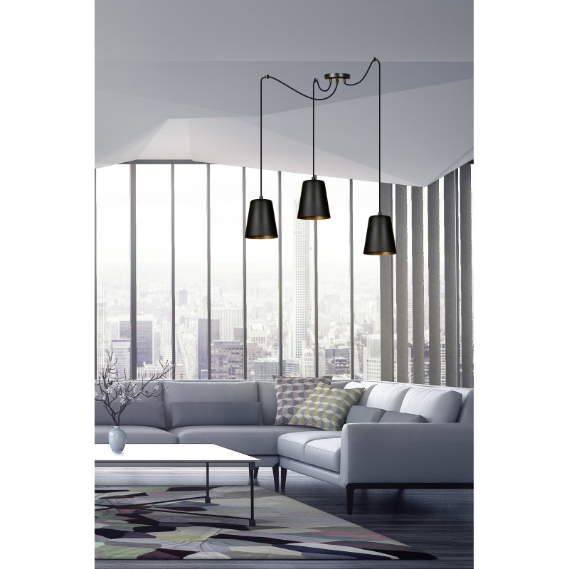 Suspension Design Link Métal  3 lampes Cloches Noires et Dorées Style Industriel 