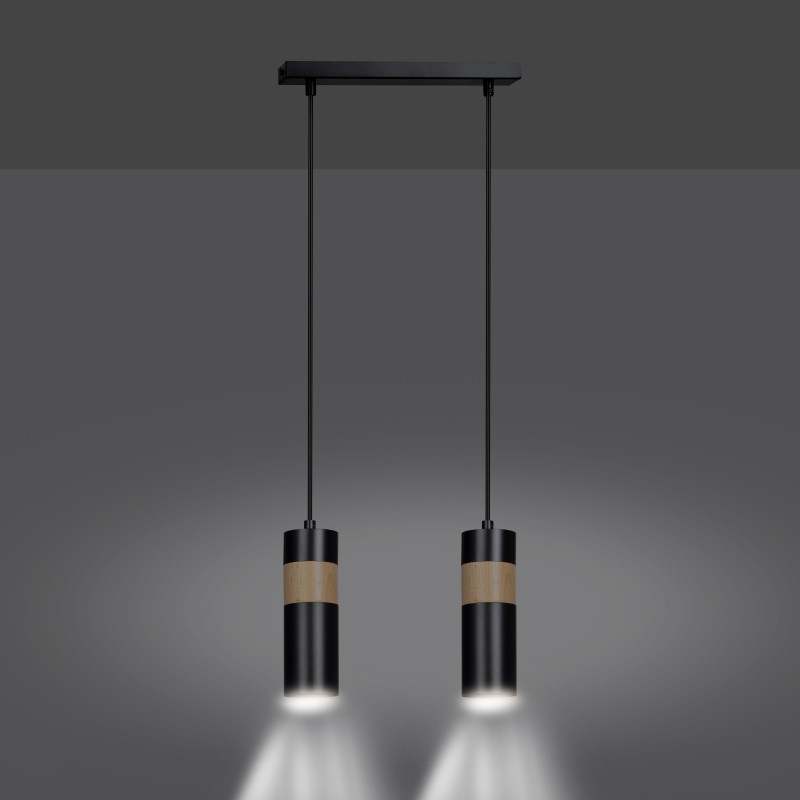 Suspension Design Akari Métal et Bois 2 lampes Tubes Noires Style Moderne 