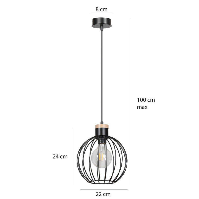 Suspension Design Barbade Métal et bois une Lampe Ronde Cage Noiree Style Moderne 