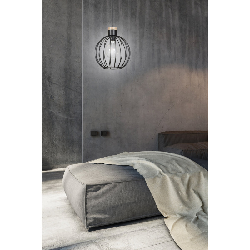 Suspension Design Barbade Métal et bois une Lampe Ronde Cage Noiree Style Moderne 