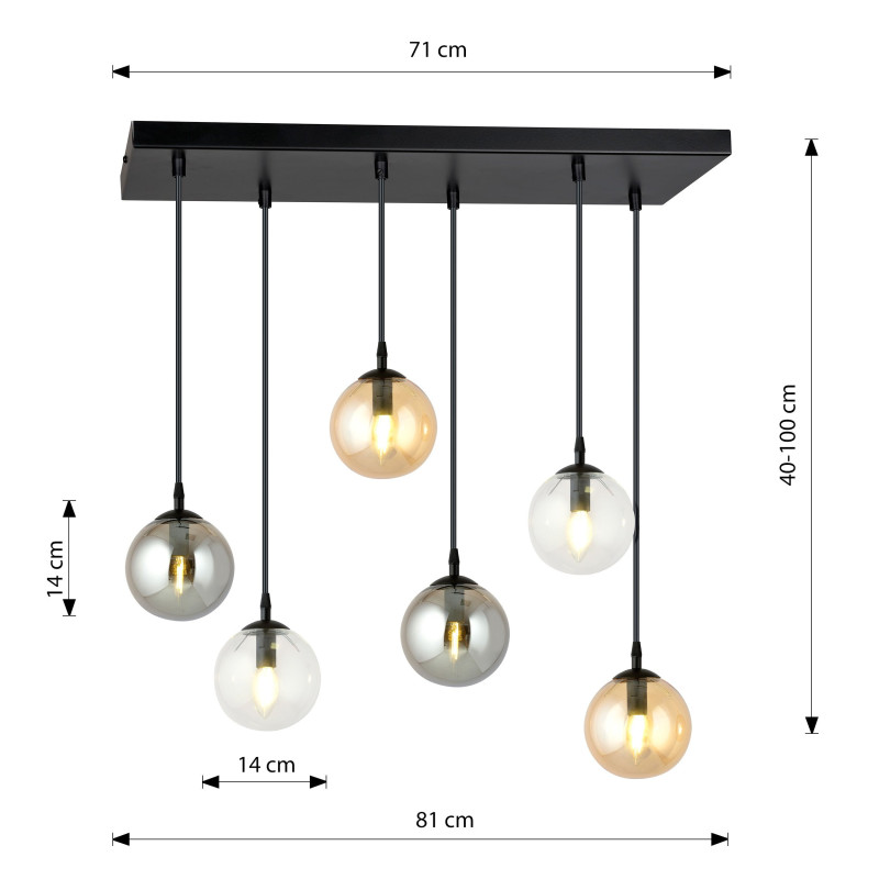 Suspension Design  Cosmo Métal 6 lampes Boules Transparentes et Argentées et Ambrées Style Chic 