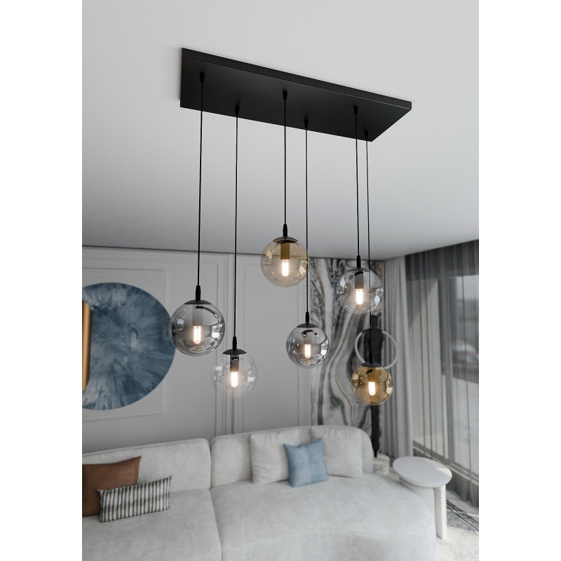 Suspension Design  Cosmo Métal 6 lampes Boules Transparentes et Argentées et Ambrées Style Chic 