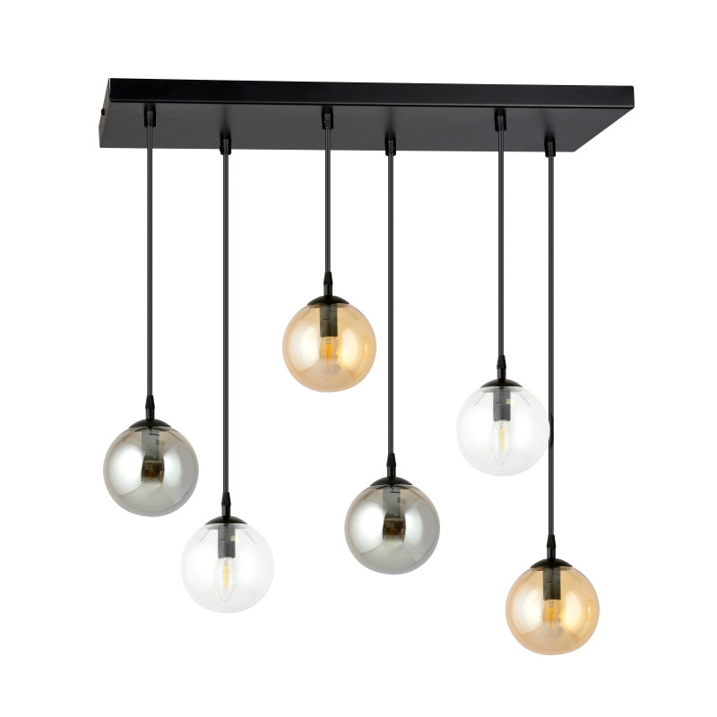 Suspension Design  Cosmo Métal 6 lampes Boules Transparentes et Argentées et Ambrées Style Chic 