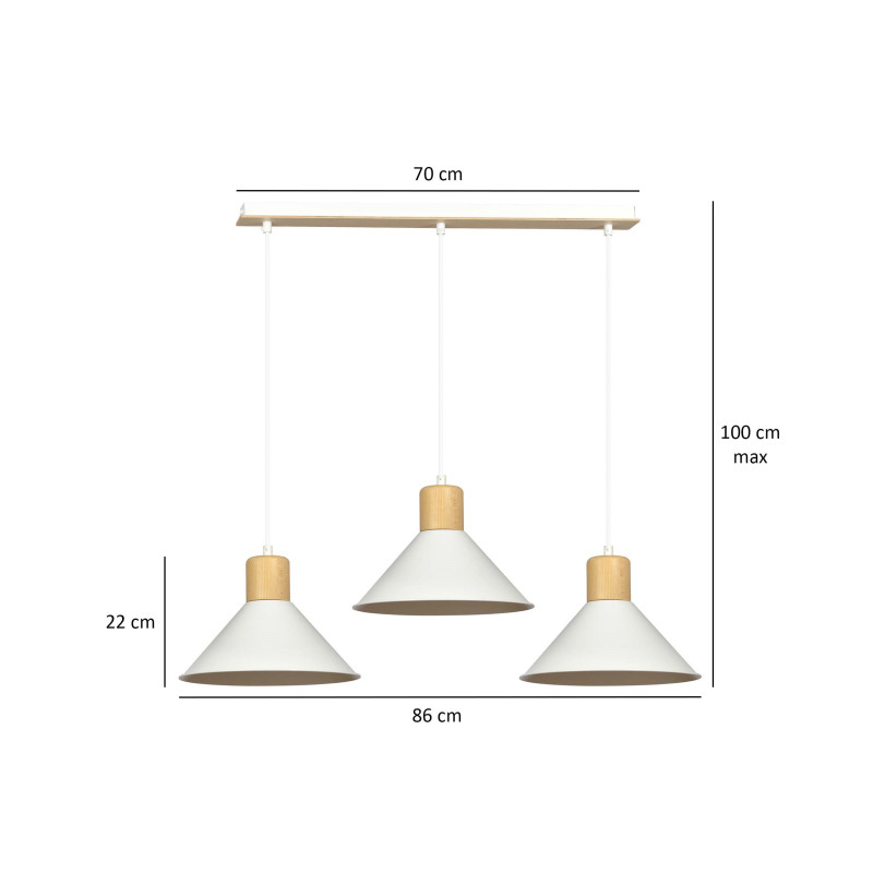 Suspension Design  Rowen Métal et Bois 3 lampes Evasés Blanches Style Scandinave 