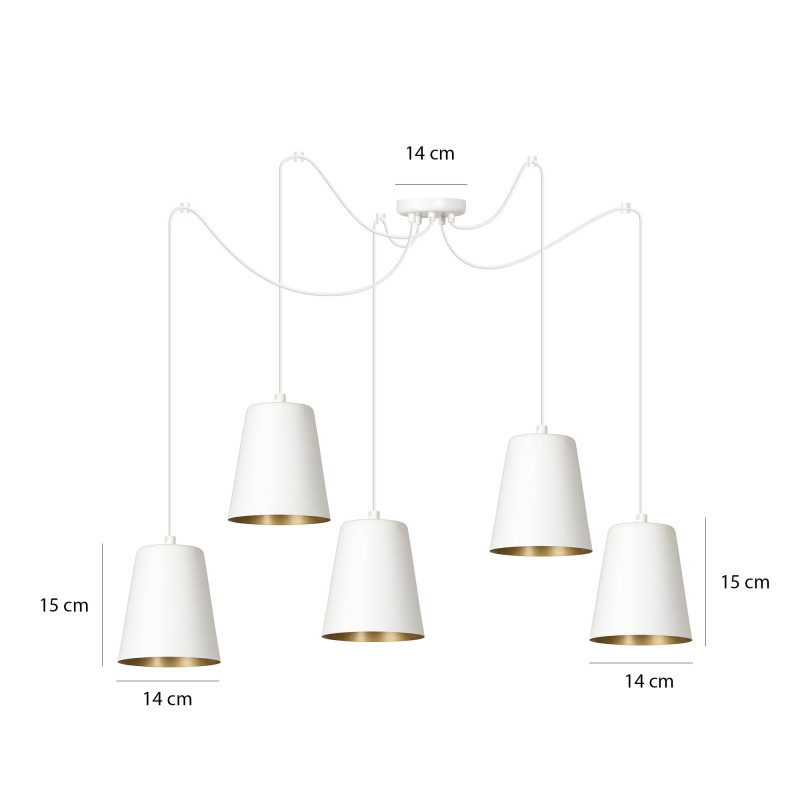 Suspension Design Link Métal  5 lampes Cloches Blanches et Dorées Style Industriel 