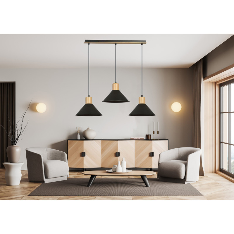 Suspension Design  Rowen Métal et Bois 3 lampes Evasés Noires Style Scandinave 