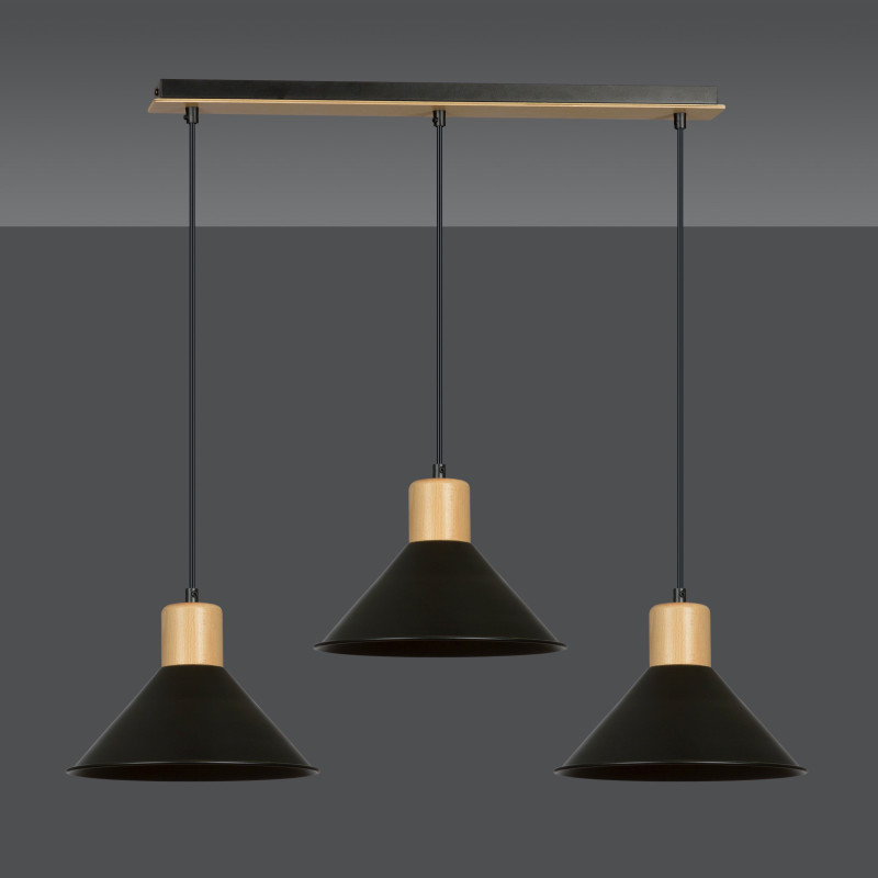 Suspension Design  Rowen Métal et Bois 3 lampes Evasés Noires Style Scandinave 