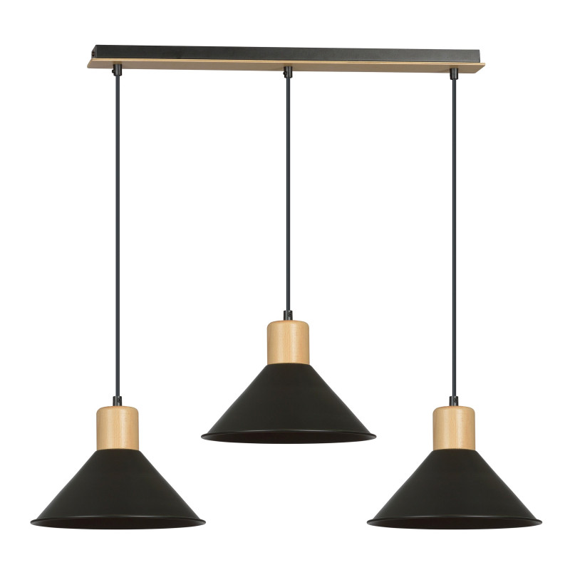 Suspension Design  Rowen Métal et Bois 3 lampes Evasés Noires Style Scandinave 