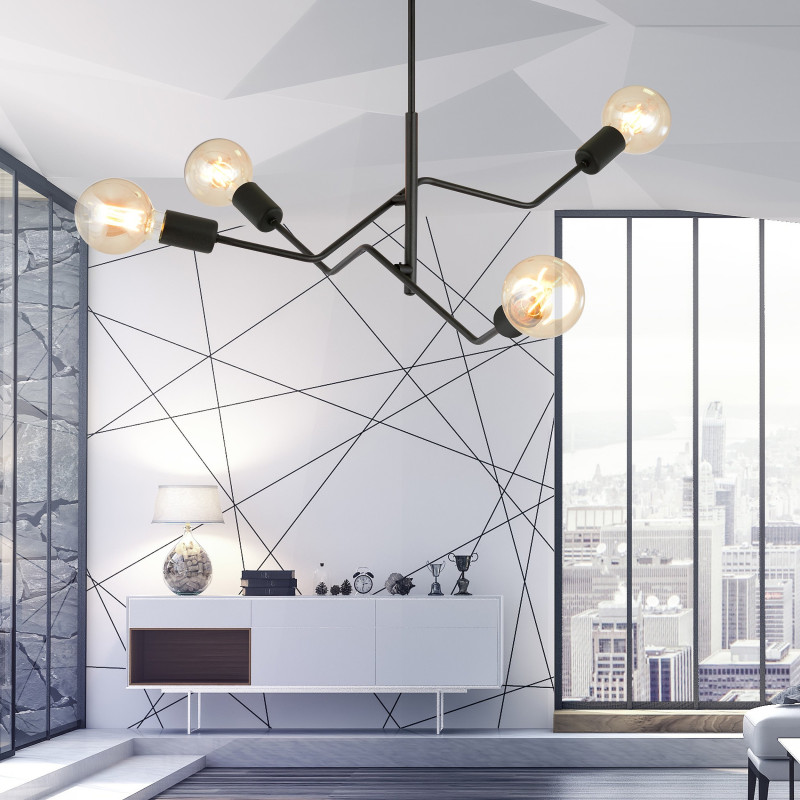 Plafonnier Design Frix Métal 4 lampes Déportées Noires Style Moderne 