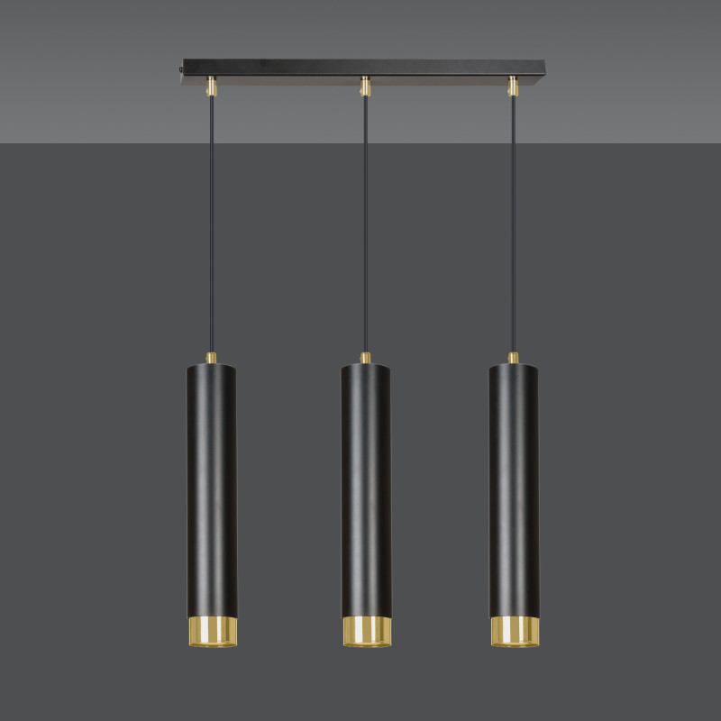 Suspension Design  Kibo Métal 3 lampes Tubes Noires et Dorées Style Moderne 