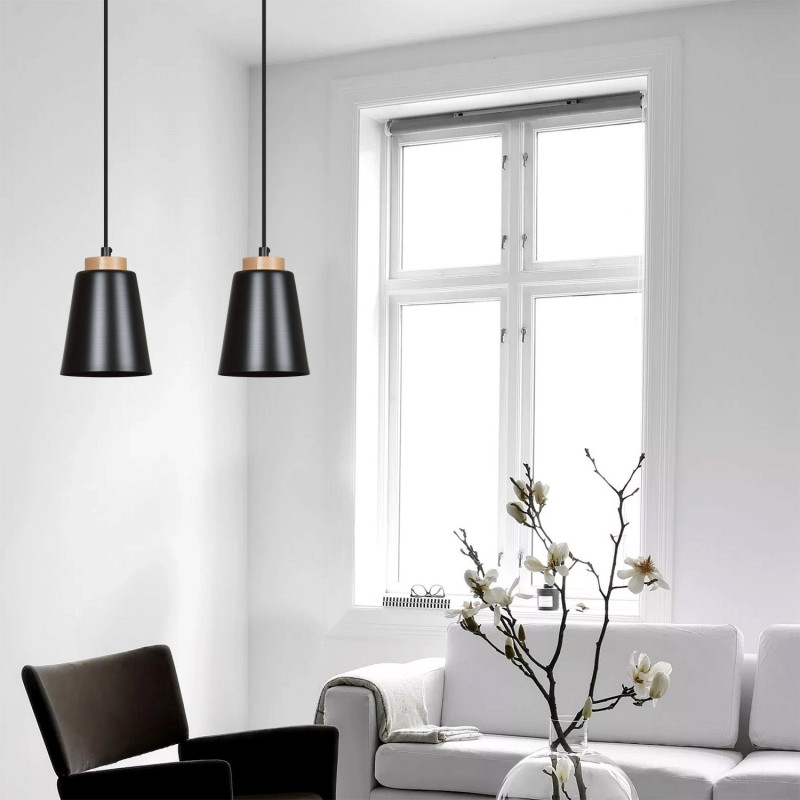 Suspension Design Bolero Métal et Bois 2 lampes Noires Style Moderne 