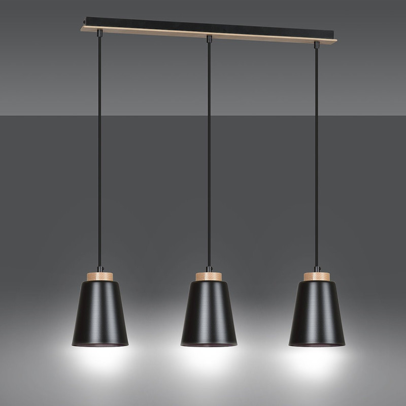 Suspension Design Bolero Métal et Bois 3 lampes Noires Style Moderne 