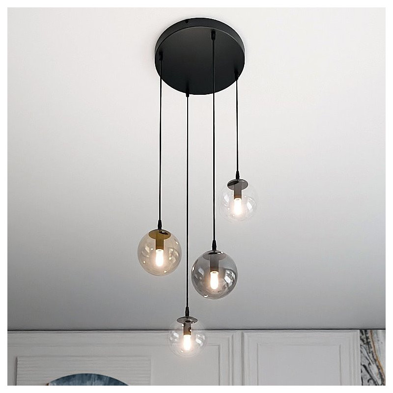 Suspension Design  Cosmo Métal 4 lampes Boules Transparentes, Argentées et Ambrées Style Chic 