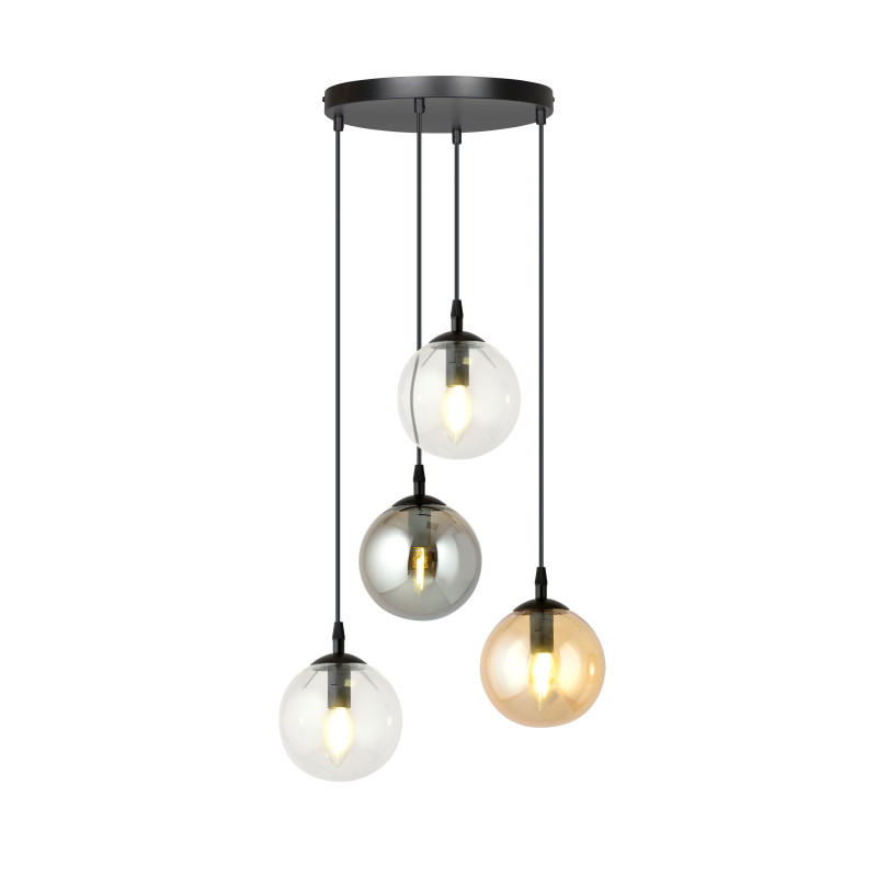 Suspension Design  Cosmo Métal 4 lampes Boules Transparentes, Argentées et Ambrées Style Chic 