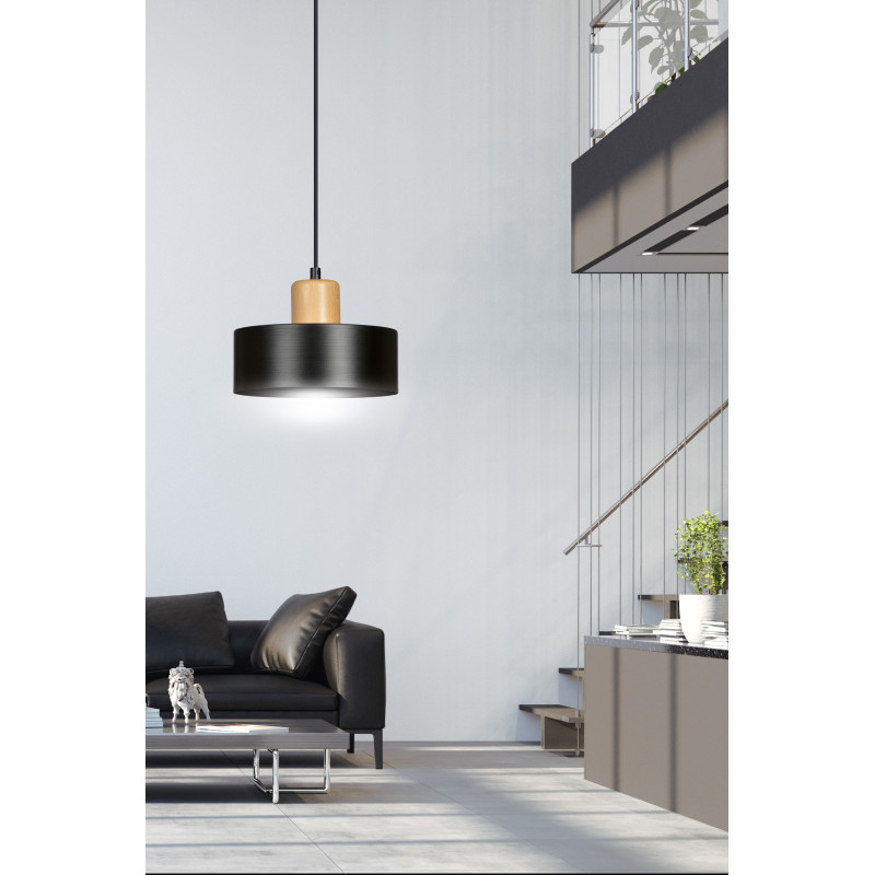 Suspension Design Torin Métal/Bois une Lampe Cylindre Noire Style Minimaliste 