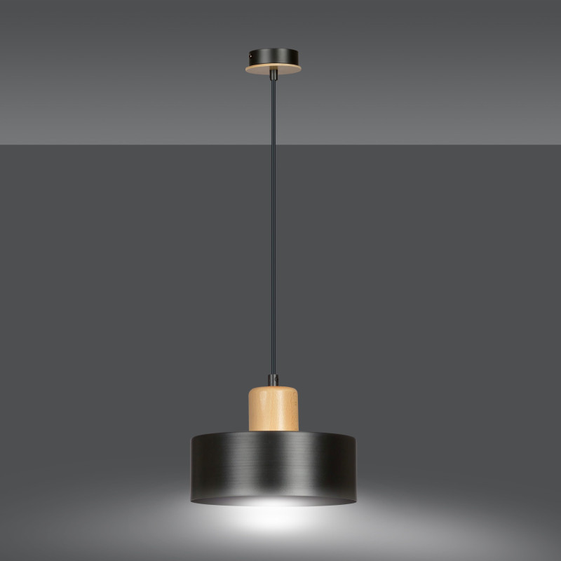 Suspension Design Torin Métal/Bois une Lampe Cylindre Noire Style Minimaliste 