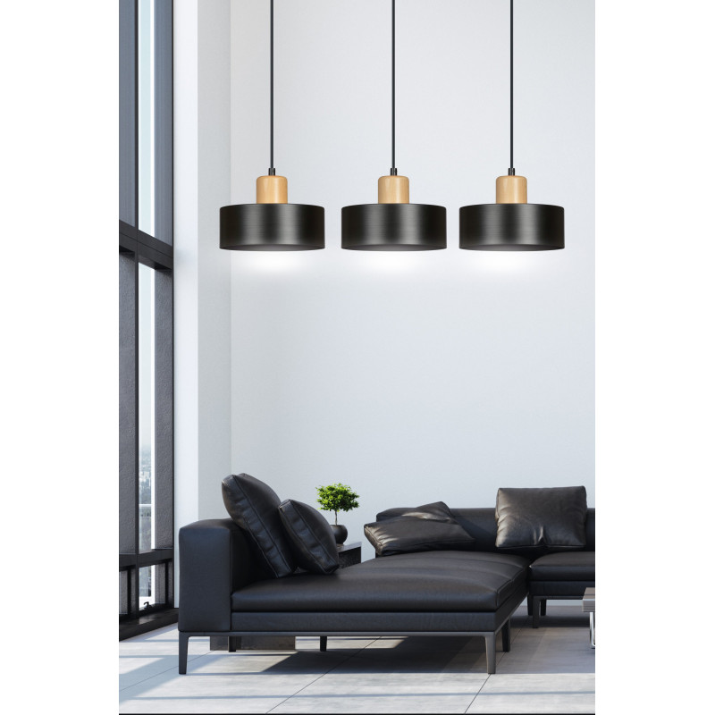 Suspension Design  Torin Métal et Bois 3 lampes Cylindres Noires Style Minimaliste 