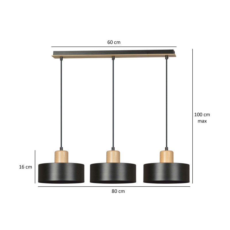 Suspension Design  Torin Métal et Bois 3 lampes Cylindres Noires Style Minimaliste 