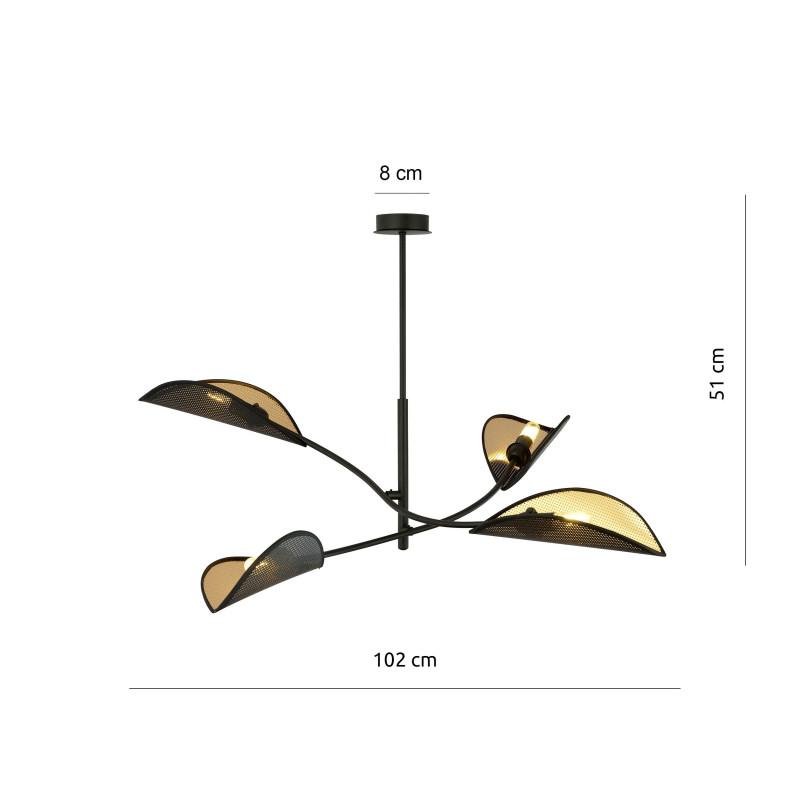 Plafonnier Design Lotus Métal 4 lampes Feuilles Noires et Dorées Style Ethnique 