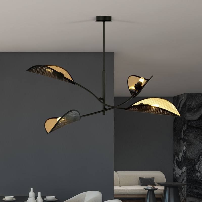 Plafonnier Design Lotus Métal 4 lampes Feuilles Noires et Dorées Style Ethnique 